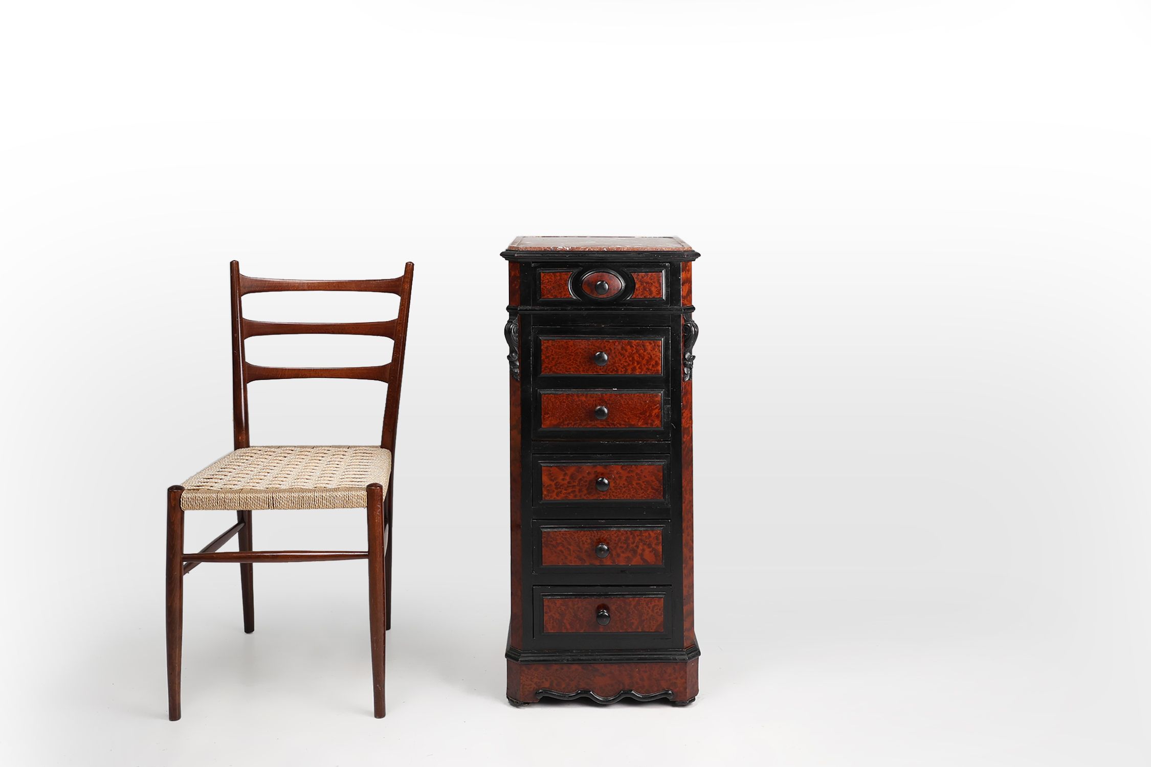 Rare Antique French chest of drawers in wood, burl veneer and marble, ca. 1850thumbnail